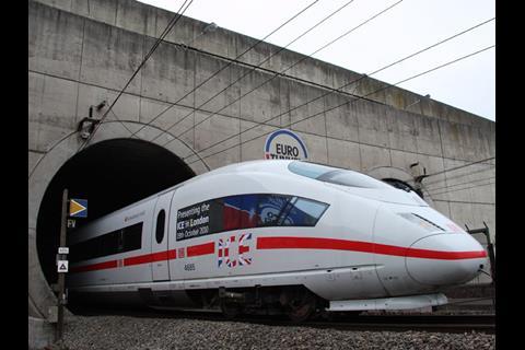 Photograph of Deutsche Bahn ICE3 train on test in the Channel Tunnel on October 13.